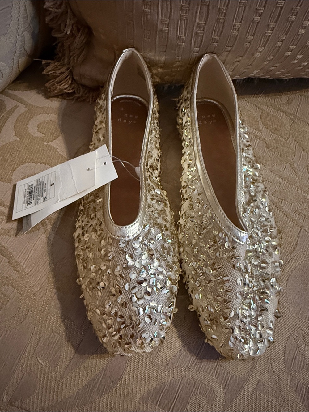 A New Day Sammie Sequin Ballet Flats Champagne Gold Memory Foam Womens 8 NEW